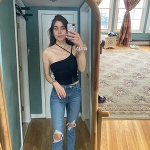 Black cutout shoulder crop top.